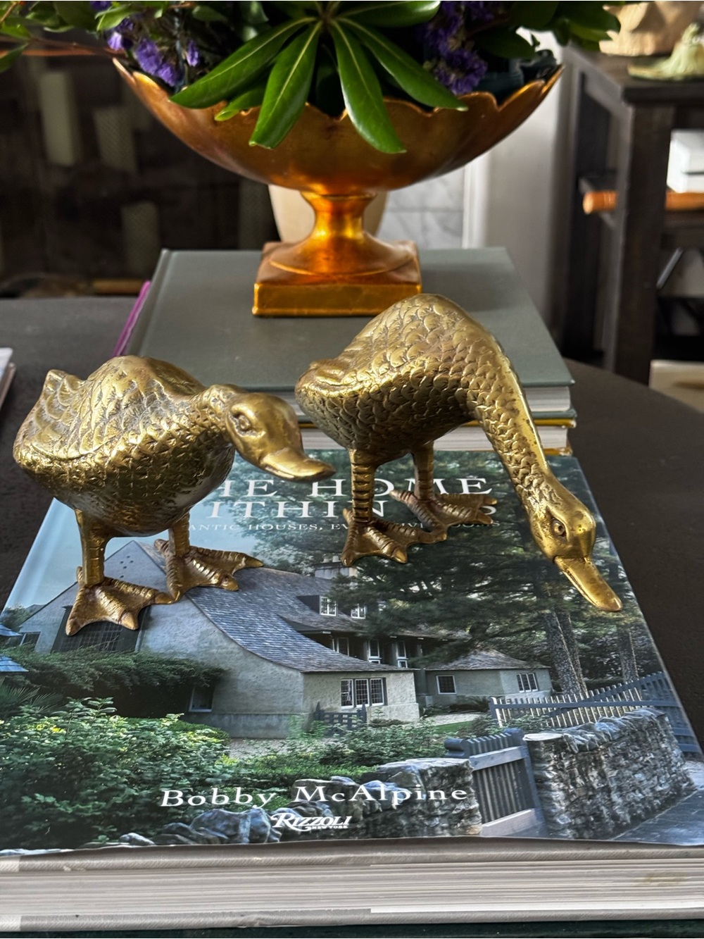 Vintage Brass Finish Duck Figurine Set - Gold Decorative Accents